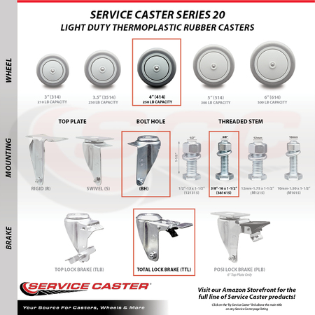 Service Caster 4 Inch SS Thermoplastic Rubber ½ Inch Stem Caster Total Lock Brake SCC, 2PK SCC-SSTSTTL20S414-TPRB-381615-2-S-2